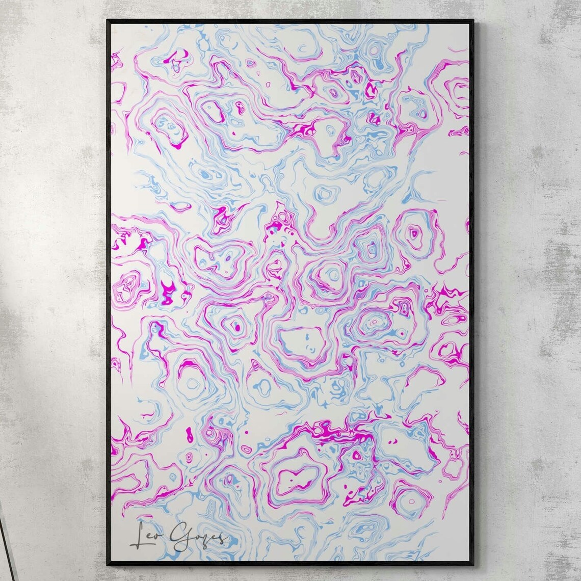 Magenta and Sky Blue Fluid Marble Swirl Abstract Line Art Print