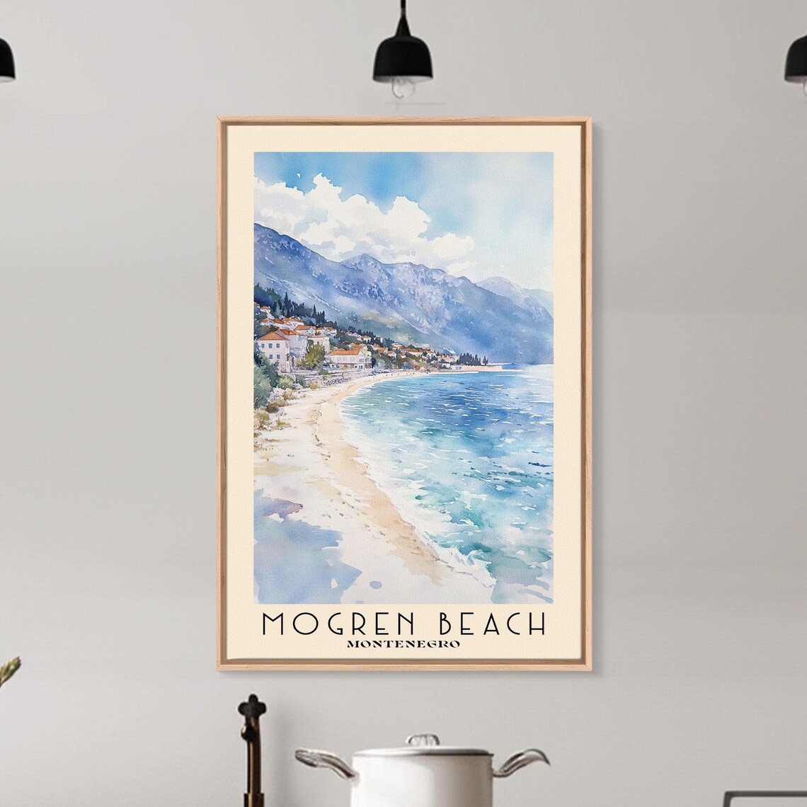 Mogren Beach Montenegro Seaside Town Mountain Bay Watercolor Poster - Image 6