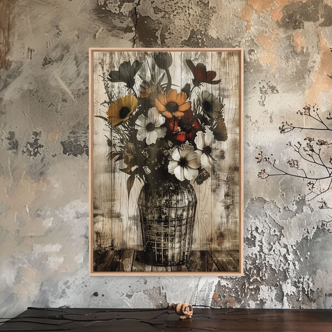 Wildflowers Wire Basket Vase Distressed Farmhouse Rustic Art Poster