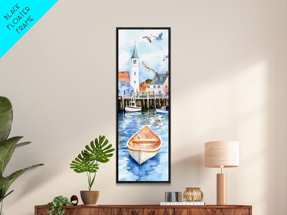 Tranquil Coastal Village Church Steeple Boats Seagulls Harbor Art Poster