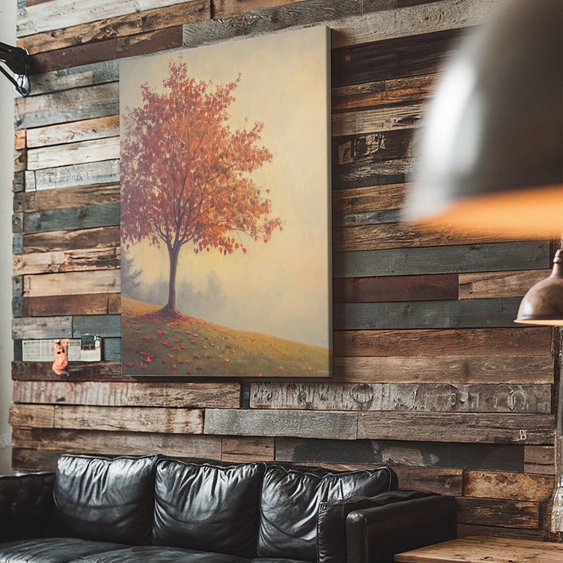 Solitary Fall Tree Orange Leaves Misty Hillside Serene Autumn Wall Art