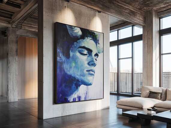 Satyr Face Watercolor Blue Eyes Closed Dreamy Fantasy Creature Art Poster