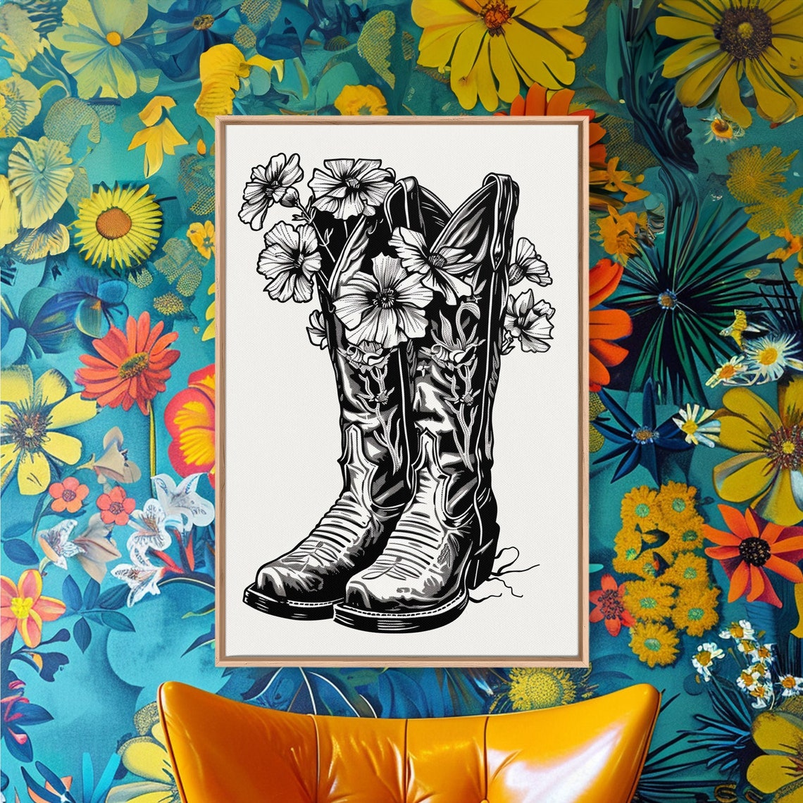 Vintage Floral Cowboy Boots Black White Line Art Wall Poster