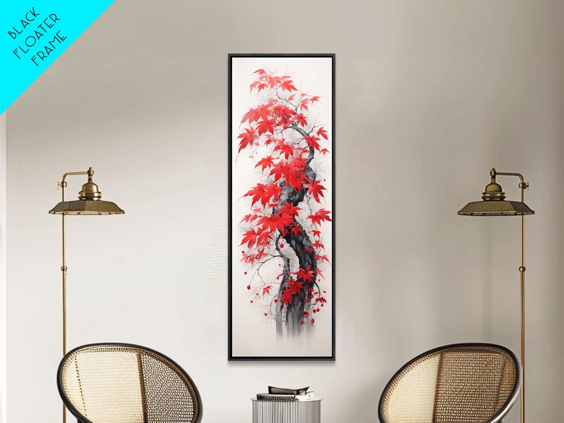 Red Japanese Maple Leaves On Twisted Trunk Ink Style Wall Art - Image 5