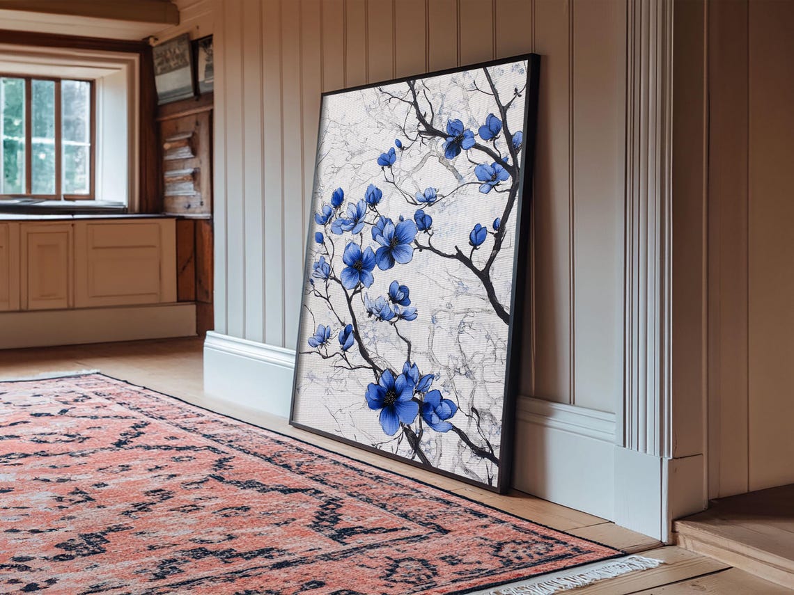Blue Blossom Branches Wabi Sabi Japanese Floral Ink Marble Art Poster - Image 2
