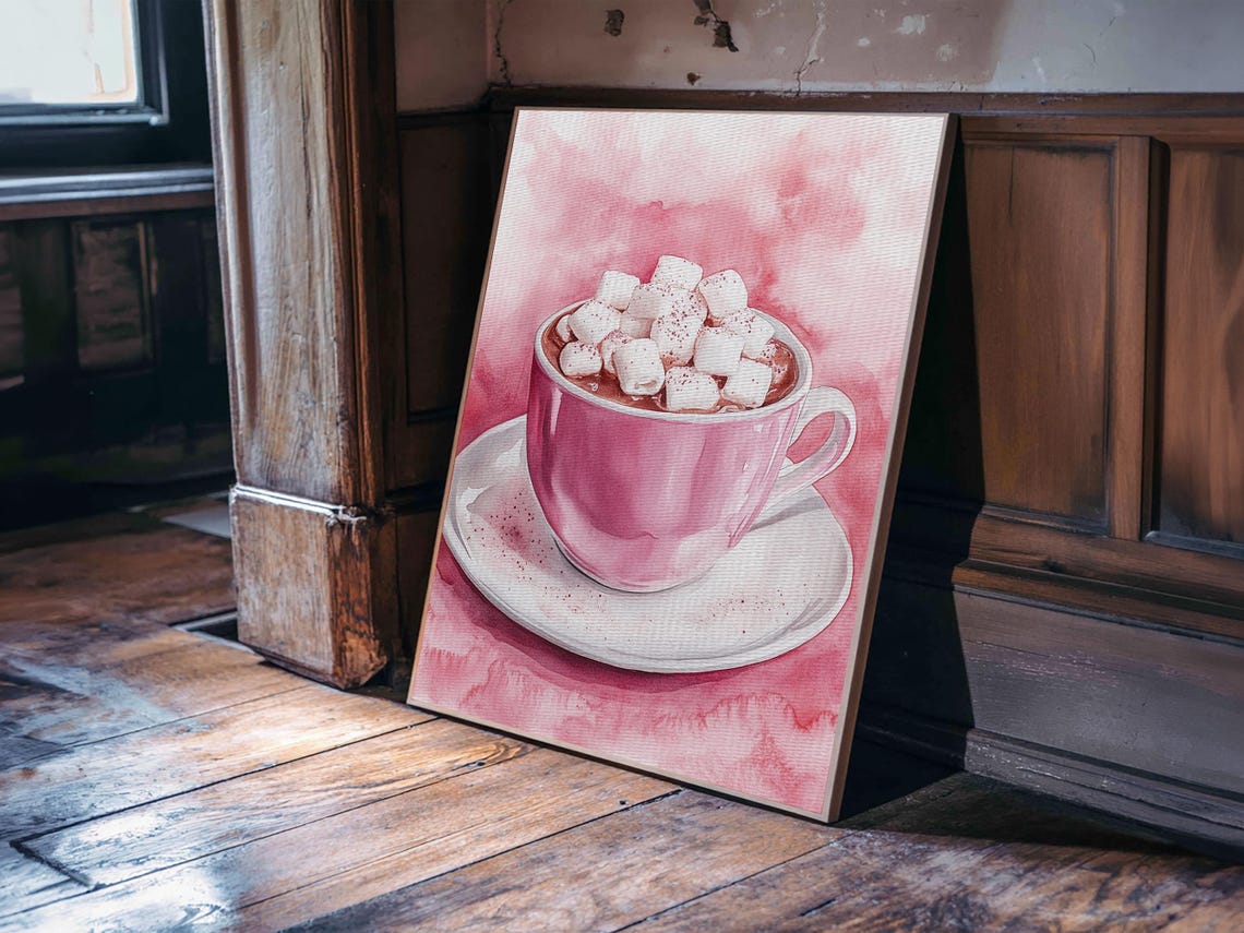 Pink Hot Chocolate Cup Marshmallows Cozy Watercolor Kitchen Wall Art - Image 3