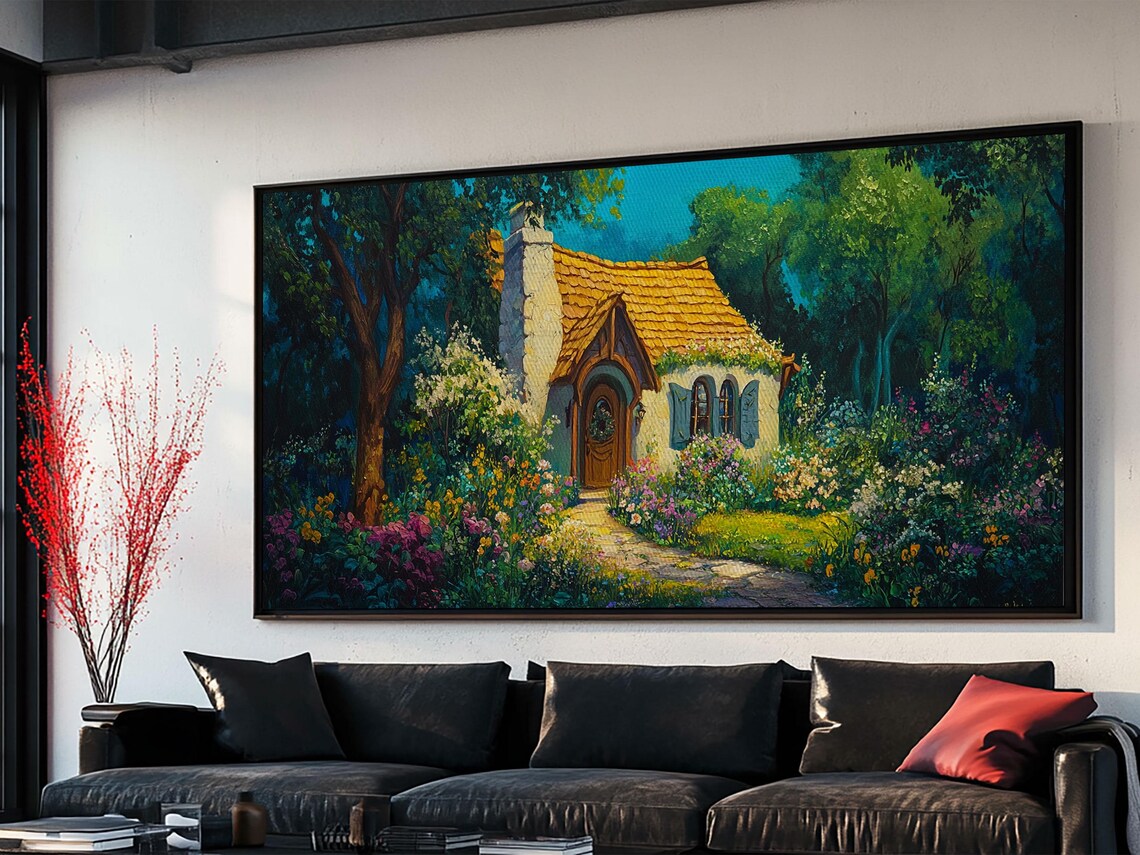 Whimsical Garden Cottage Flower Path Stone House Night Panoramic Wall Art - Image 6