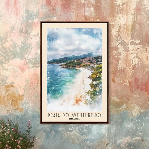 Praia do Aventureiro Brazil Curved Beach Turquoise Sea Green Headland Village Poster