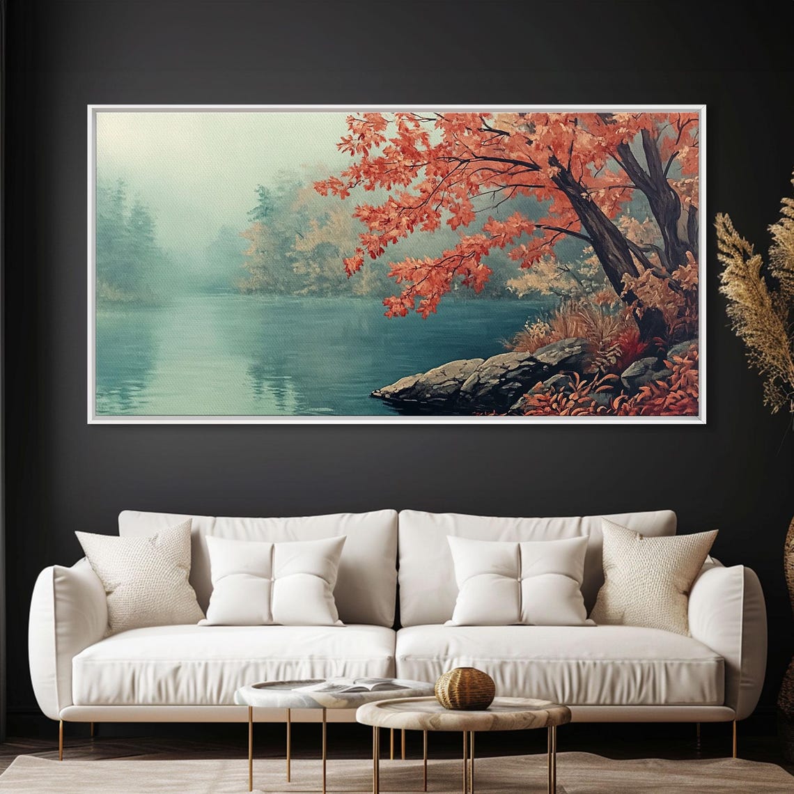 Misty Autumn Lake With A Red Maple Tree On The Rocky Shore Poster - Image 6