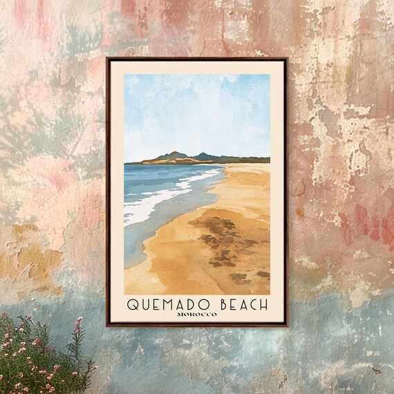 Quemado Beach Morocco Golden Sands Rolling Surf Watercolor Travel Poster