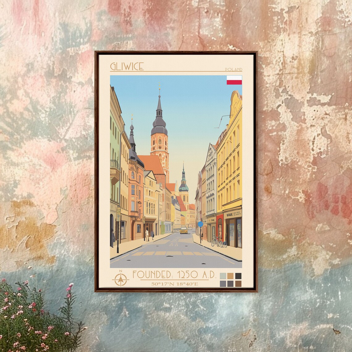 Gliwice Poland Old Town Street Church Towers Pastel Facades Poster
