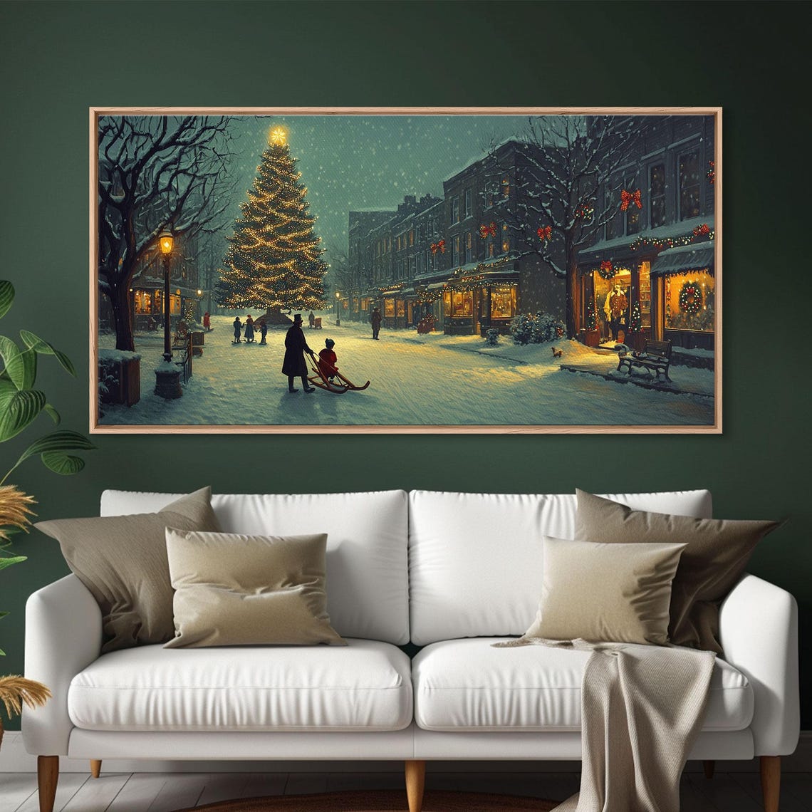 Snowy Christmas Village Square Lit Tree Sled Vintage Winter Print - Image 3