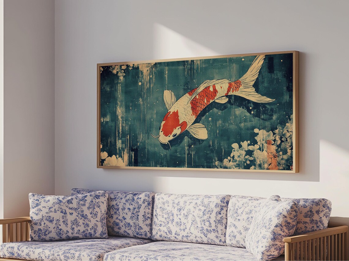 Single Red And White Koi Swimming Dark Teal Japanese Painting Wall Art - Image 3