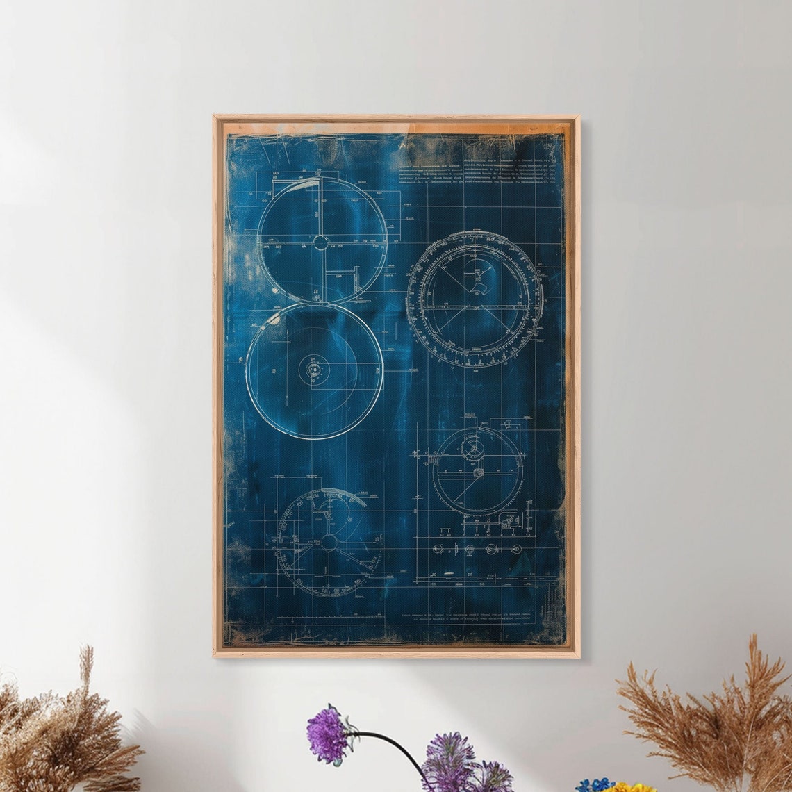 Nautical Compass Blueprint Deep Blue Industrial Coastal Wall Art
