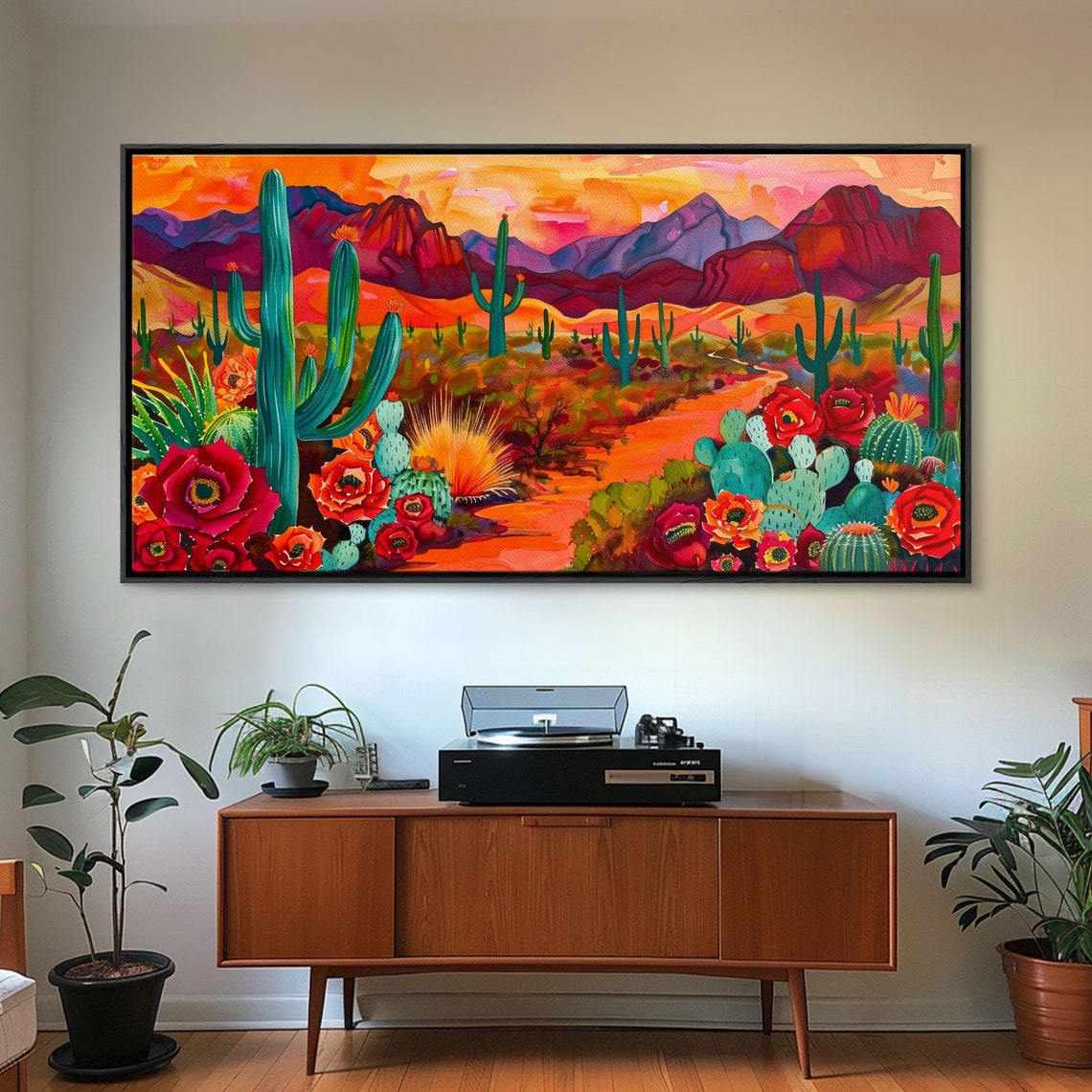 Desert Cactus Garden Red Blooms Orange Sunset Mountain Art Poster - Image 3