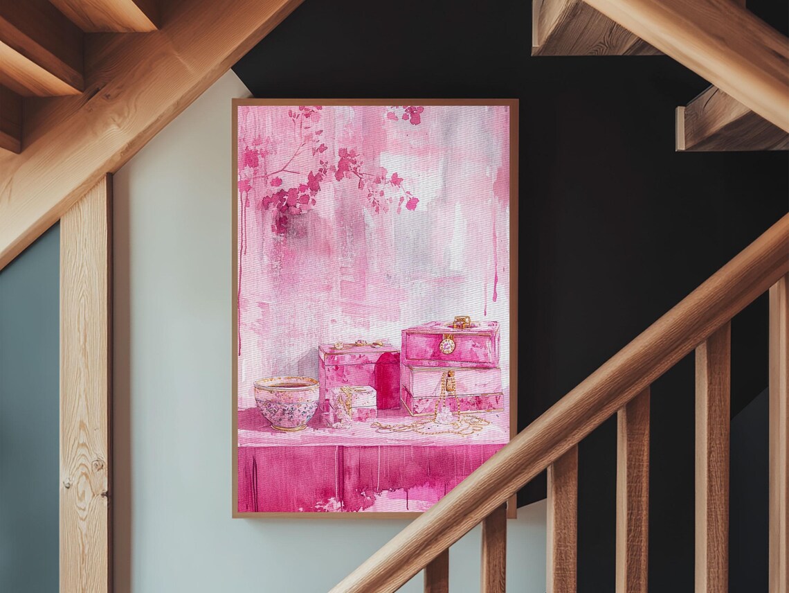 Pink Jewelry Boxes Perfume Bottles Watercolor Vanity Art Wall Poster