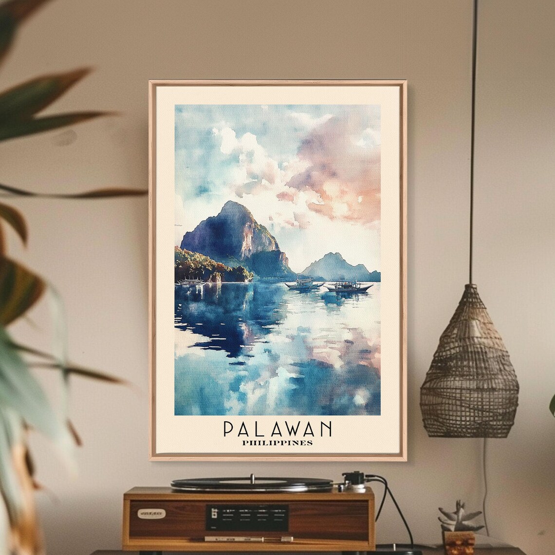 Palawan Philippines Limestone Karst Cliffs Boats Calm Lagoon Travel Poster - Image 2