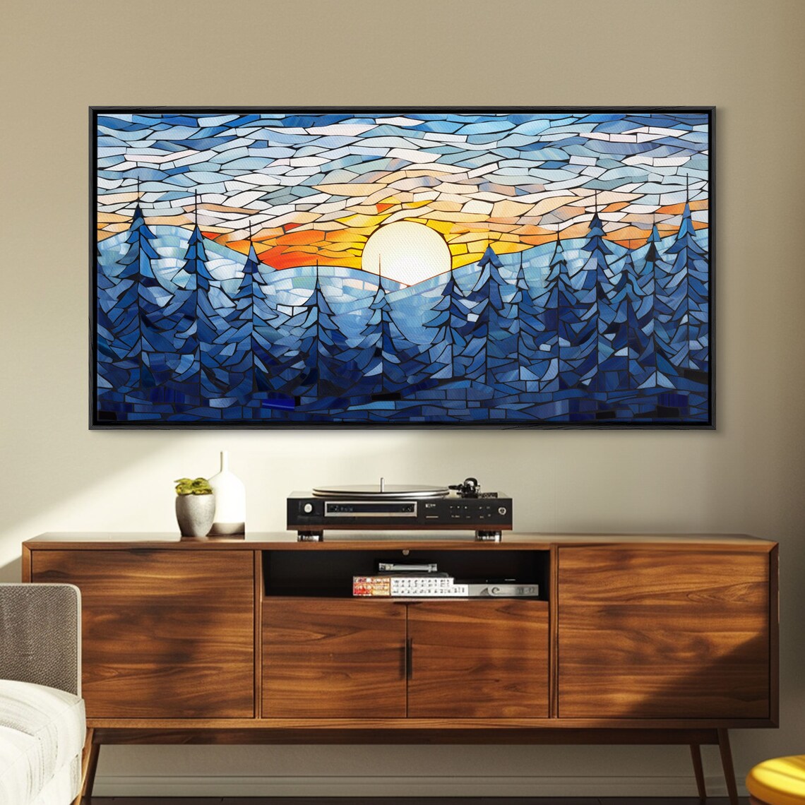 Stained Glass Winter Pines Sunset Blue Snowy Forest Painting Poster - Image 4