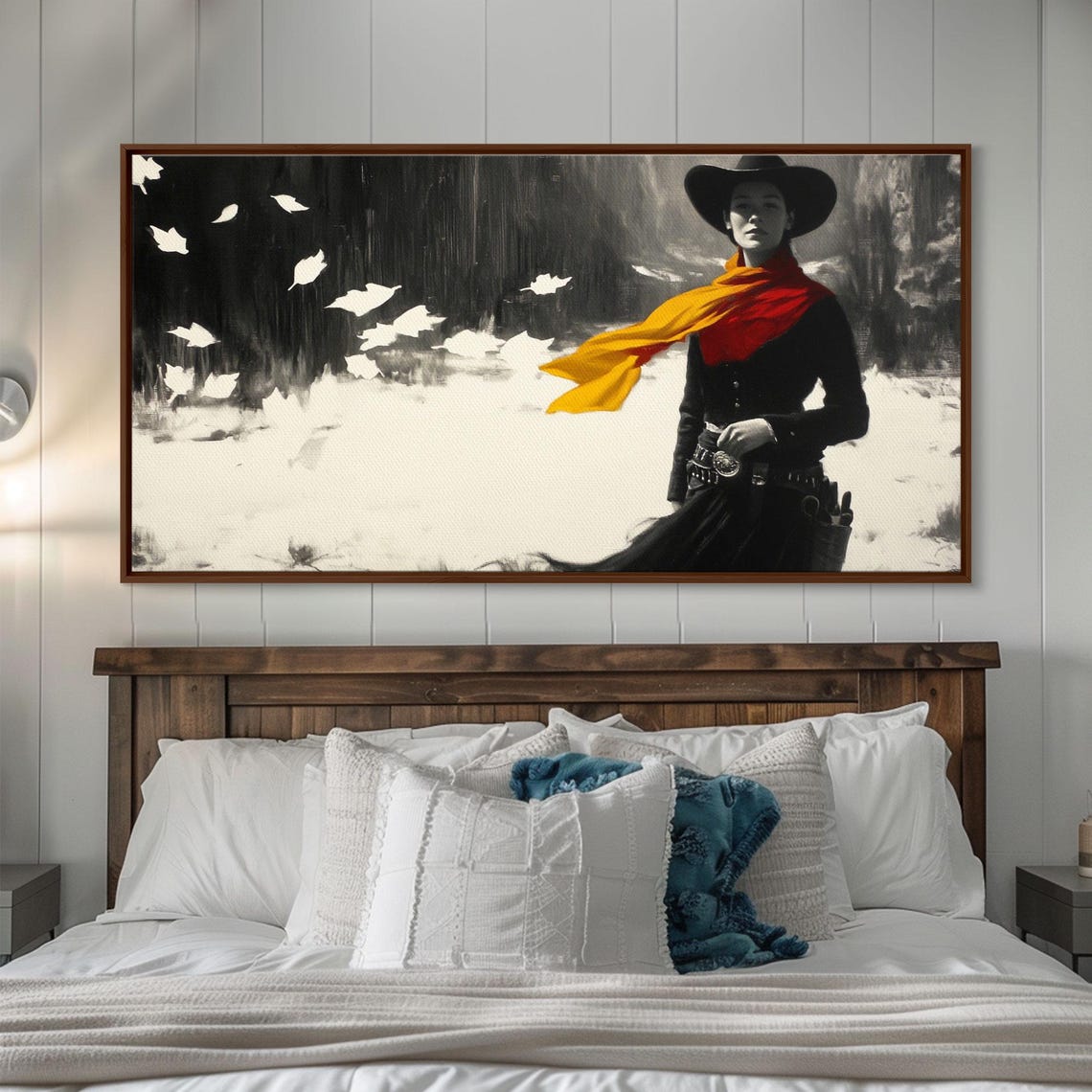 Black And White Cowgirl With A Red Scarf In The Snow Art Print - Image 5