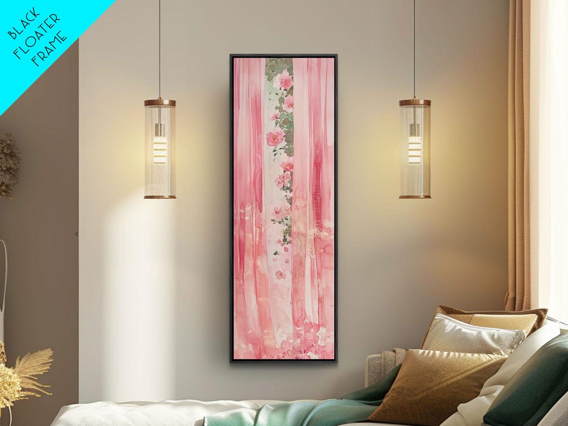 Pink Floral Curtains Watercolor Sheer Window Romantic Wall Art