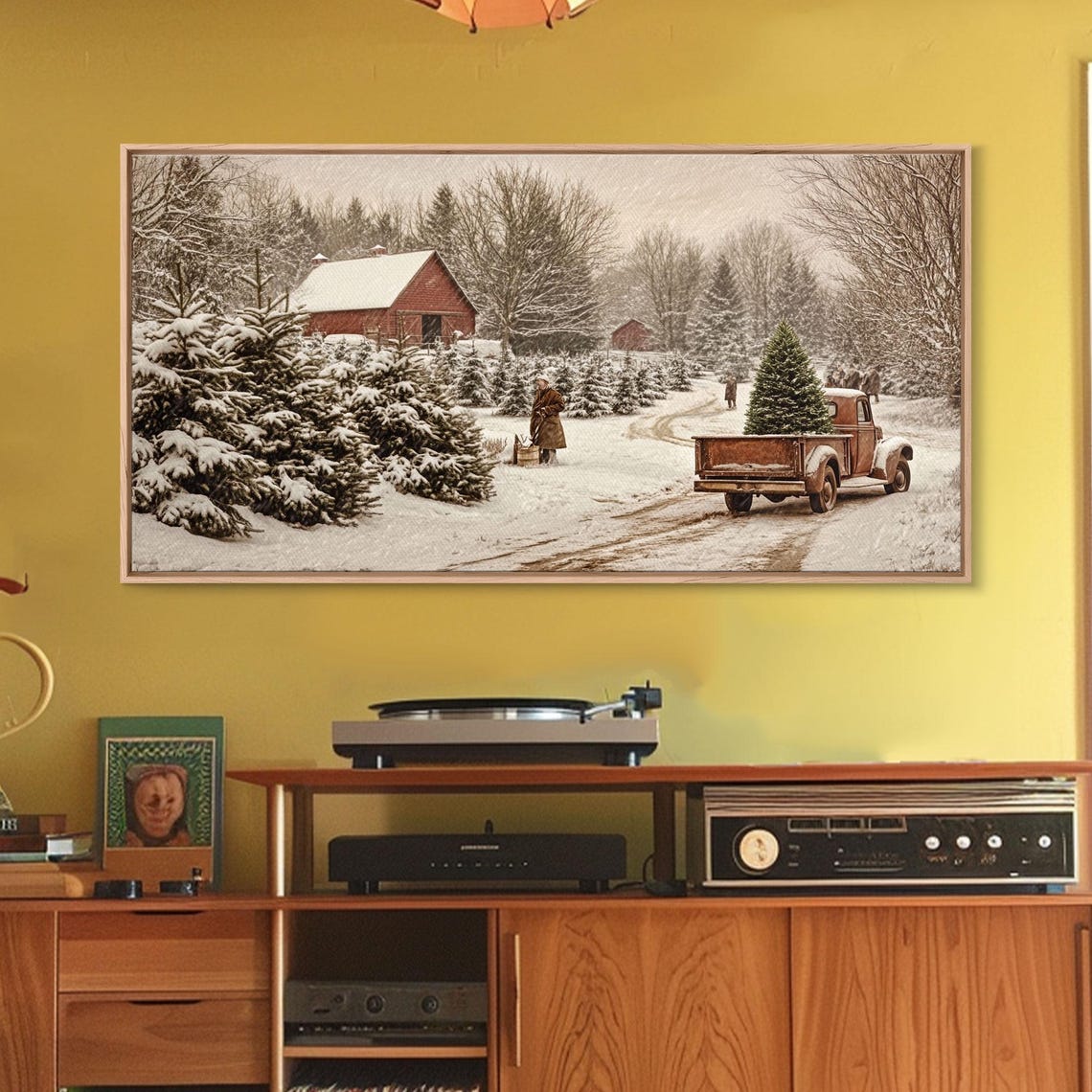 Vintage Christmas Tree Farm Truck Red Barn Snowy Sepia Wall Art - Image 2