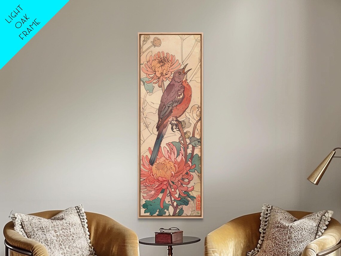 Singing Songbird Among Coral Chrysanthemums Ukiyo E Style Art Poster - Image 5