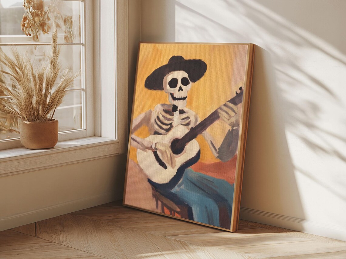 Skeleton Cowboy Playing Guitar Folk Art Warm Yellow Day Of Dead Art Poster