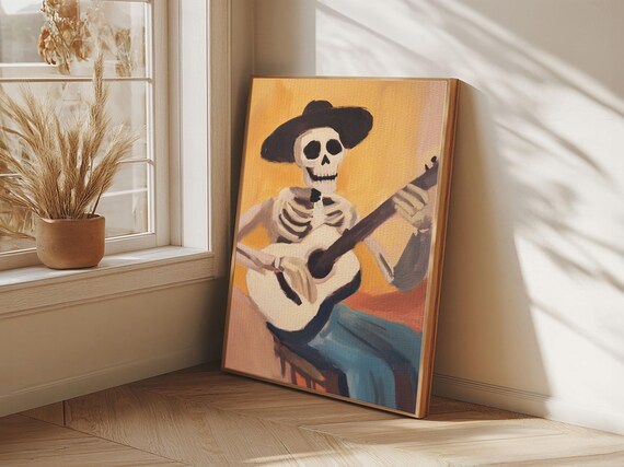 Skeleton Cowboy Playing Guitar Folk Art Warm Yellow Day Of Dead Art Poster