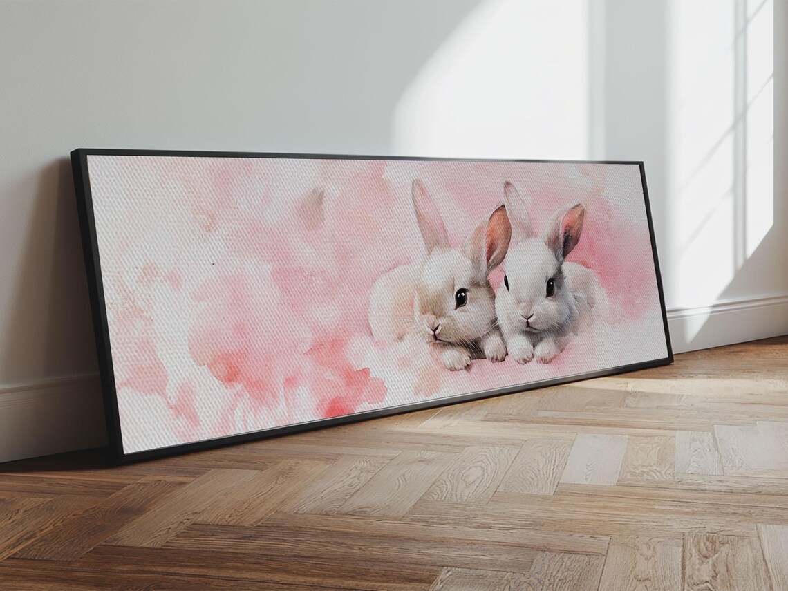 Adorable White Bunny Pair Pink Watercolor Nursery Animal Wall Art - Image 4