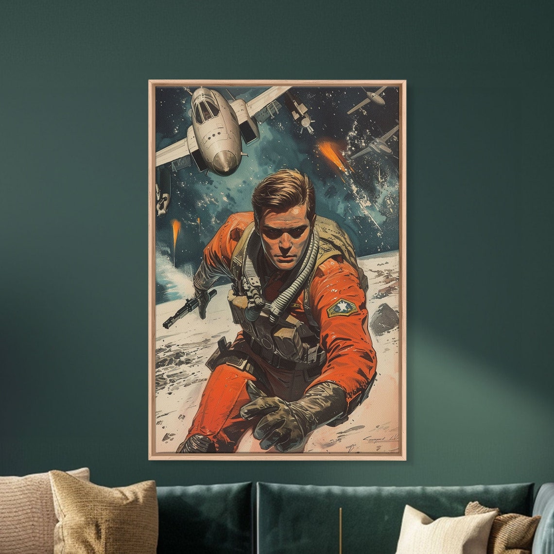 Retro Comic Space Pilot Poster Soldier Reaching Out with Jet Above - Image 3
