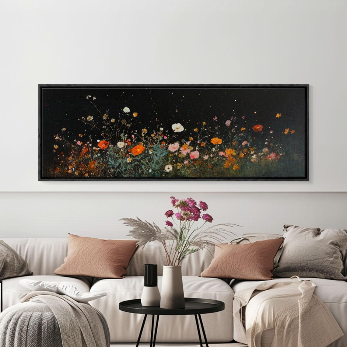 Dark Moody Wild Flowers Under A Full Moon Framed Print Panoramic Extra Wide Wall Art Oversized Home Decor - Image 3