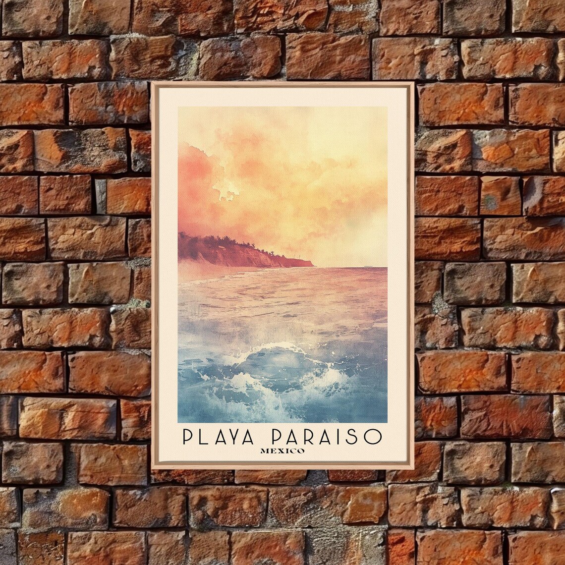 Playa Paraiso Mexico Peach Sunset Ocean Glow Watercolor Travel Poster - Image 4