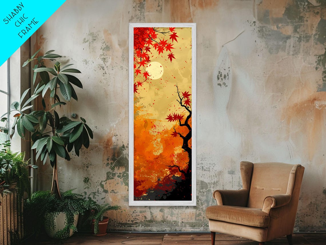 Japanese Red Maple Leaves Golden Moon Sky Autumn Woodblock Art Poster - Image 3