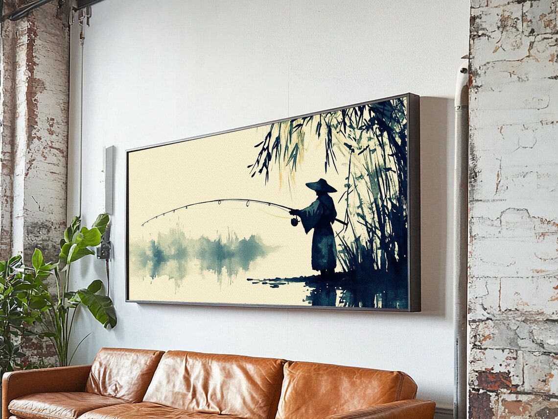 Japanese Fisherman Casting Line Misty Lake Ink Wash Watercolor Print - Image 4