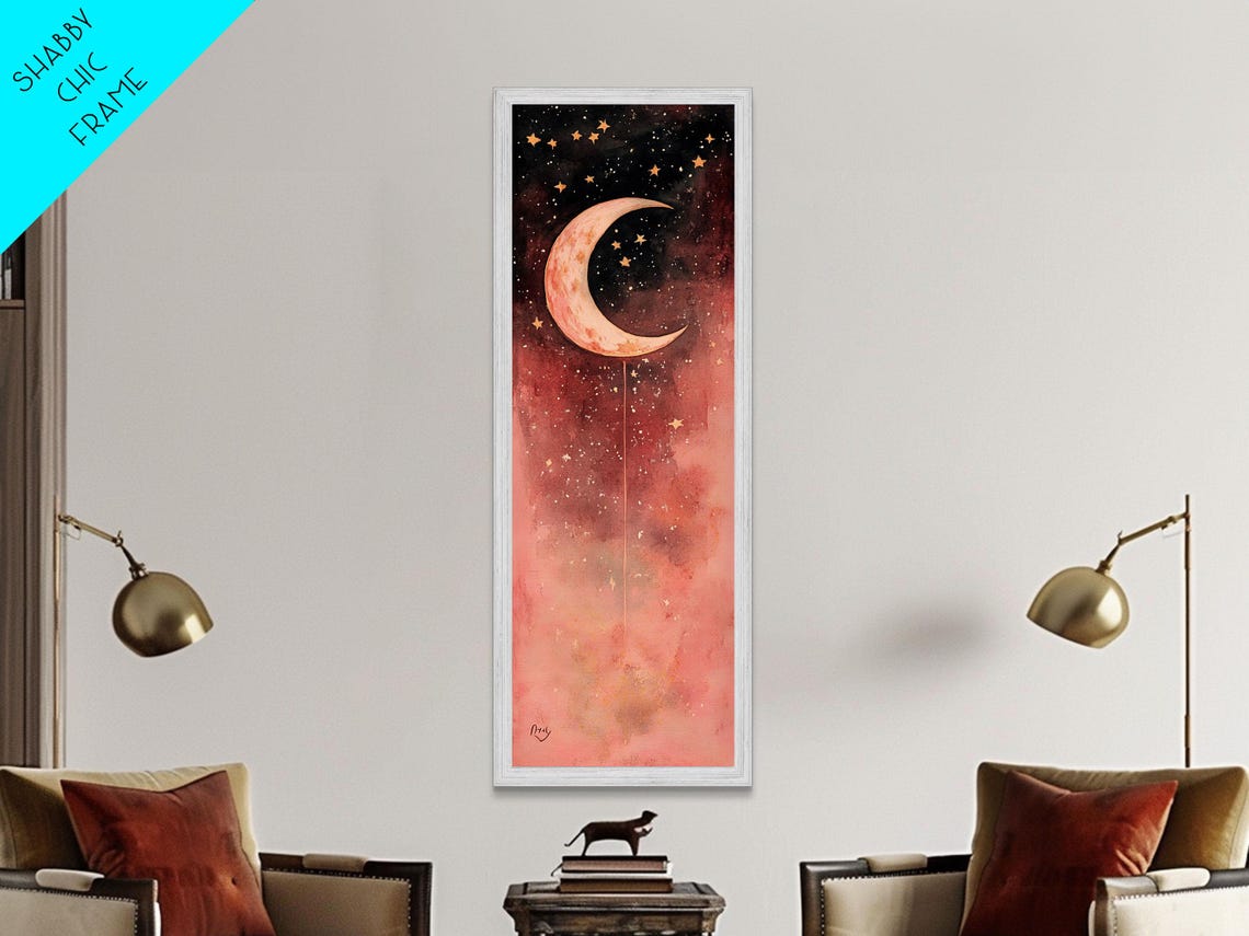 Crescent Moon Print Starry Night Pink Abstract Vertical Wall Art Zen Room Decor Dreamy Boho Gift Idea - Image 2
