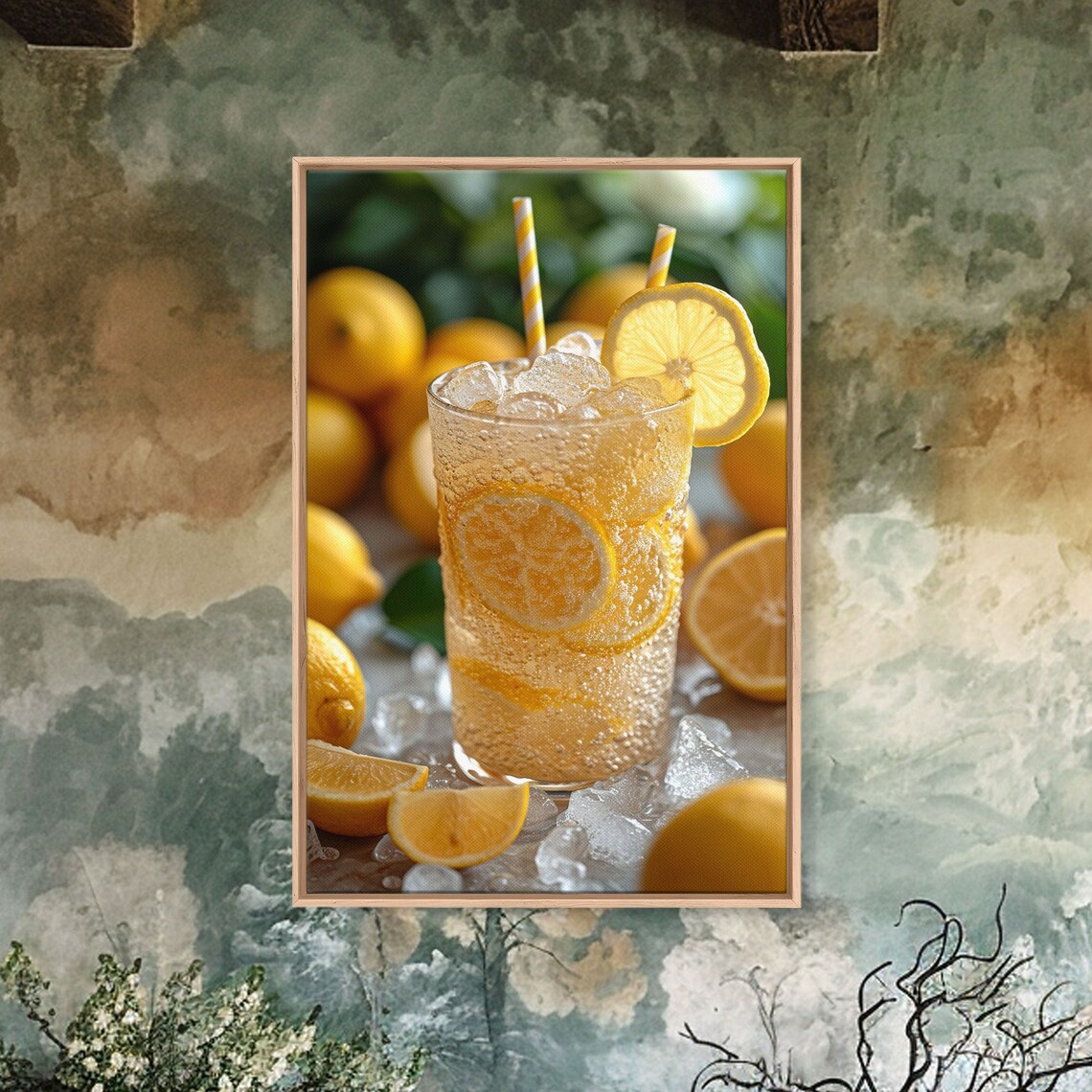 Sparkling Lemonade Glass Lemon Slices Striped Straws Wall Art - Image 4