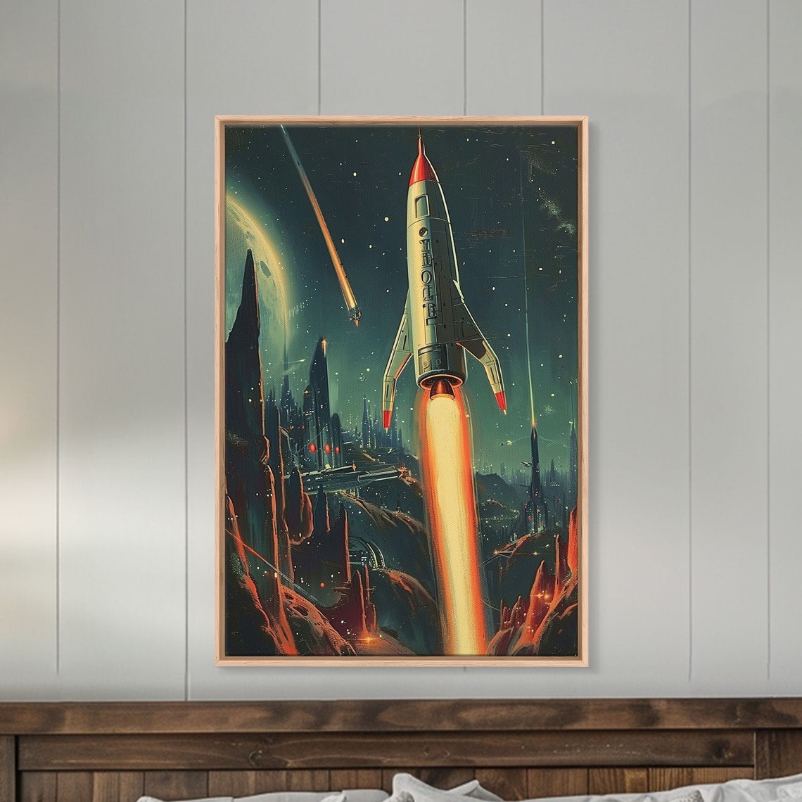 Retro Rocketship Launch Poster Vintage Space Propaganda Alien City Art - Image 4