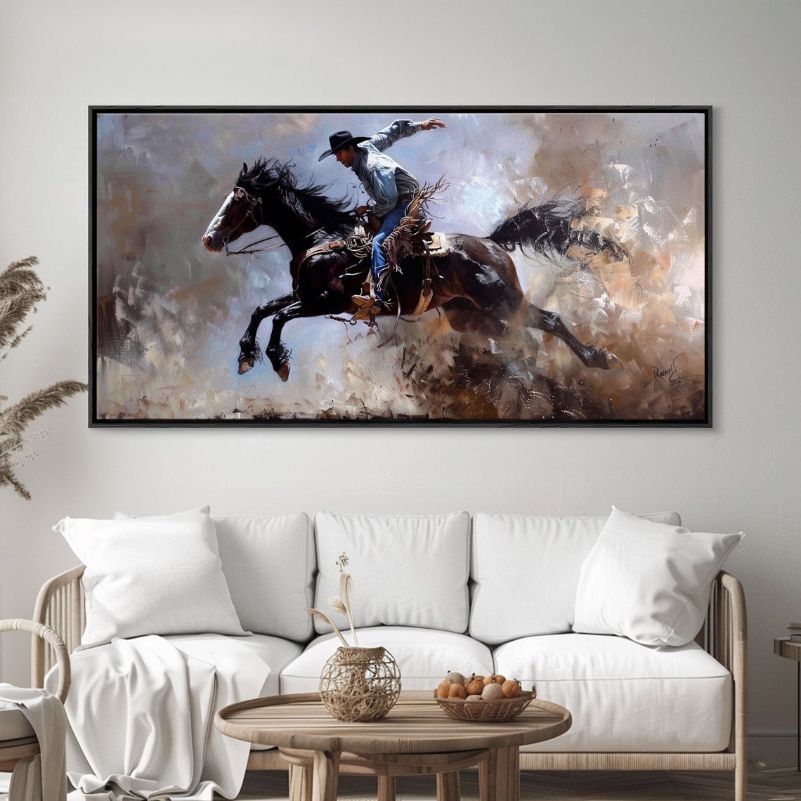 Cowboy Riding Rearing Dark Horse Dust Cloud Dynamic Western Action Art - Image 5
