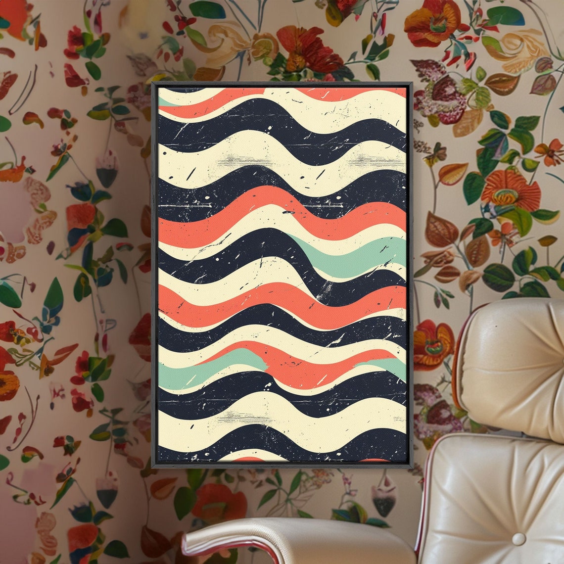 Retro Distressed Wavy Ripple Wall Art Print Coral Navy Cream Abstract - Image 3