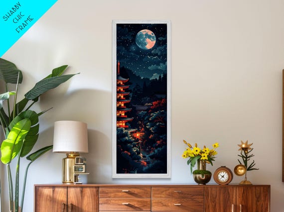 Peaceful Japanese Temple And Pagoda Under A Full Moon Skinny Art Tall Wall Art Framed Print Japanese Style Art