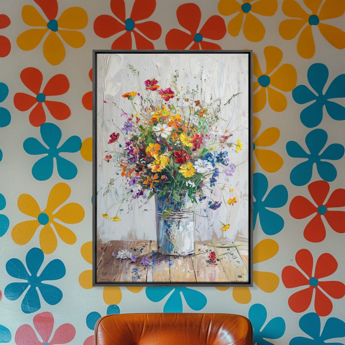 Colorful Wildflowers Rustic Metal Pail Impressionist Floral Art Poster - Image 2