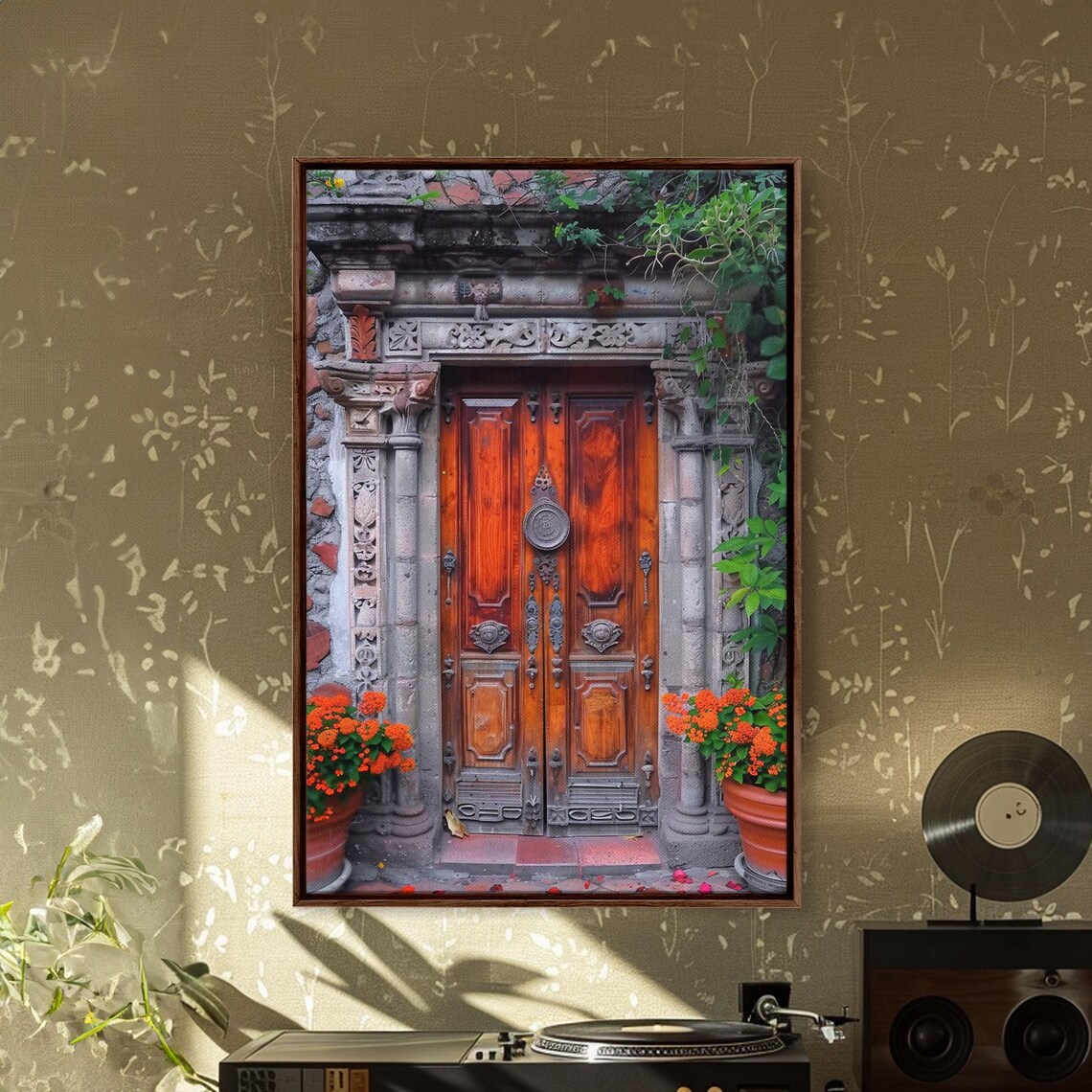 Weathered Wooden Double Door Orange Marigolds Stone Facade Art Poster - Image 3