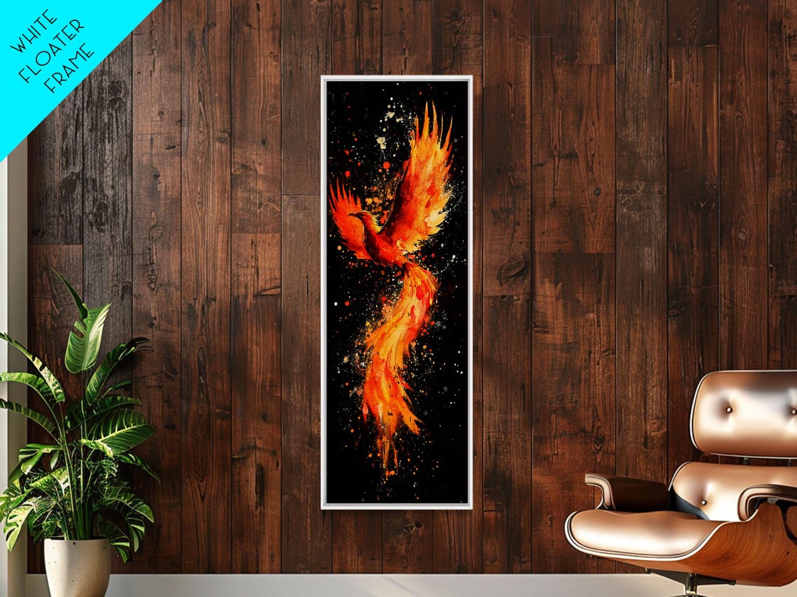 Fiery Phoenix Rising on Black Mythical Bird Watercolor Wall Art - Image 6