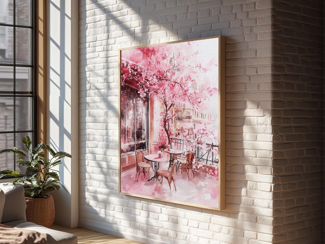 Cherry Blossom Cafe Street Scene Pink Watercolor Romantic Art Poster - Image 4