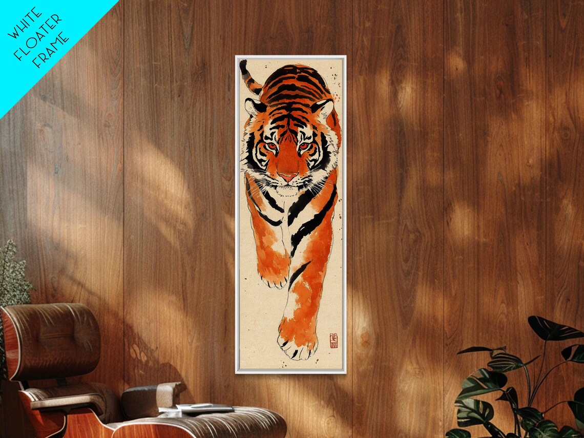 Bold Orange Tiger Striding Forward Intense Gaze Ink Watercolor Art Poster - Image 5