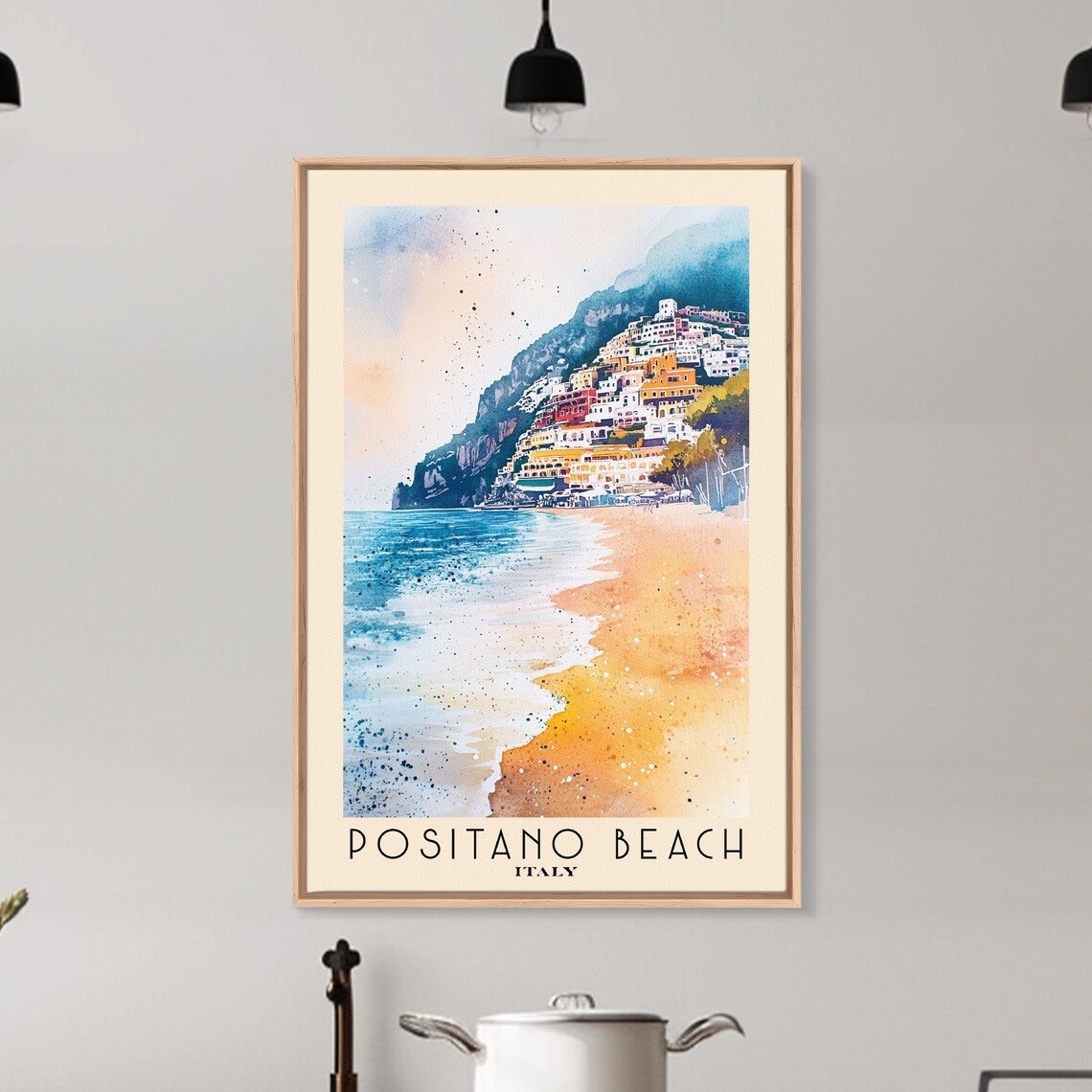 Positano Beach Italy Colorful Cliffside Town Golden Beach Blue Sea Watercolor Poster - Image 6