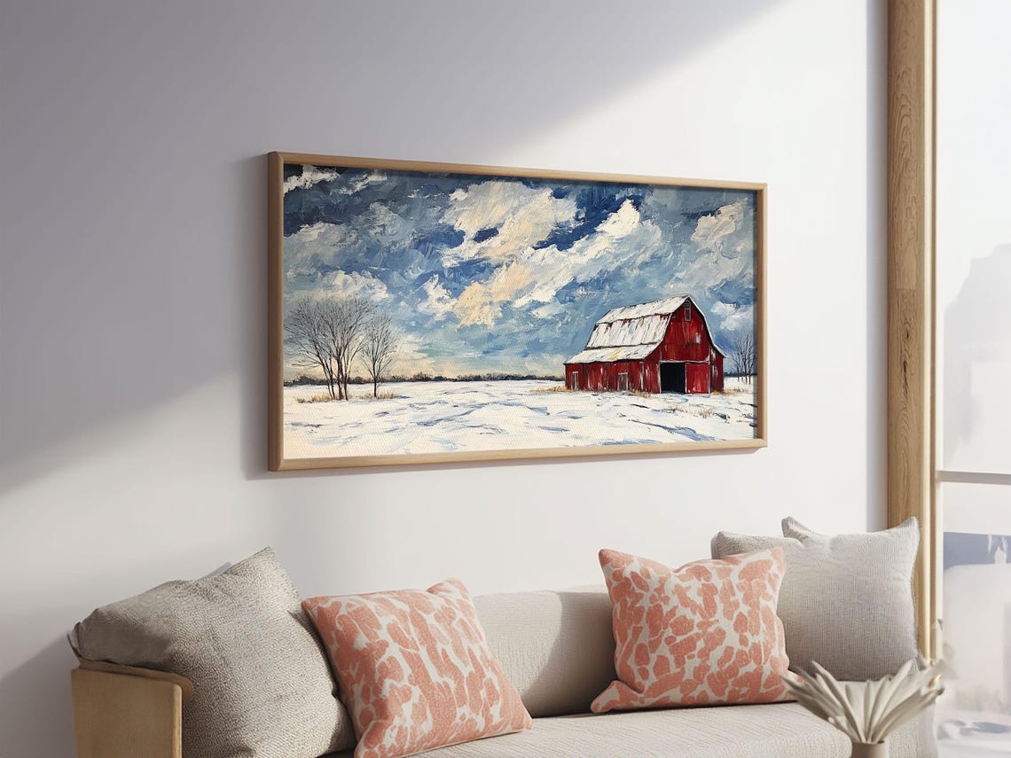 Red Barn Snowy Winter Field Dramatic Blue Sky Panoramic Art Print - Image 5