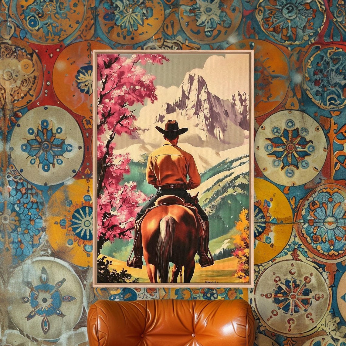 Cowboy Riding Past Pink Flowering Trees Rocky Mountain Meadow Poster - Image 2