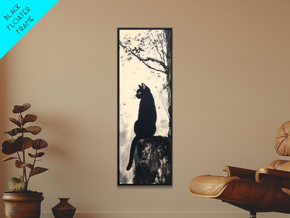 Black Cat Silhouette Night Branch Minimalist Ink Wash Wall Art - Image 5