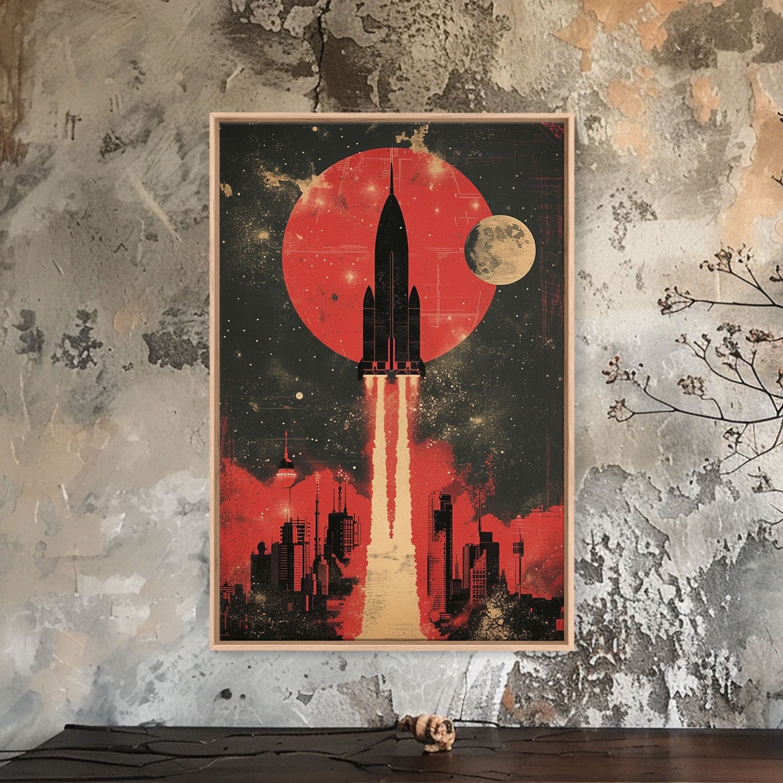 Retro Rocket Launch Night Poster Over Futuristic City with Red Moon - Image 2
